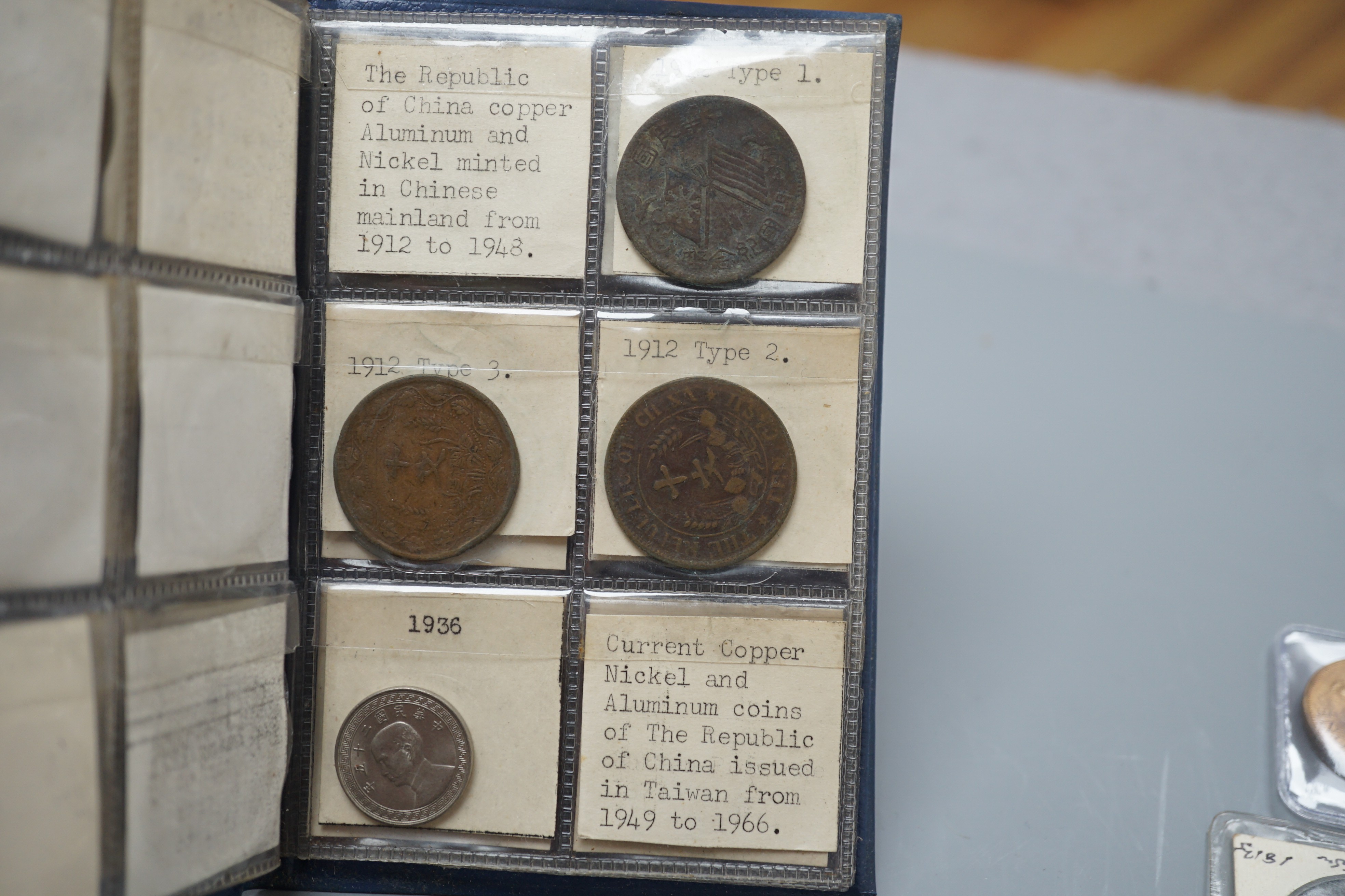 Two silver coronation medals: Edward VII and Queen Alexandria and George V and Queen Mary, both EF, and a George III copper One silver oken, six one pennies, a Kennedy 1964 half dollar and other Chinese coins